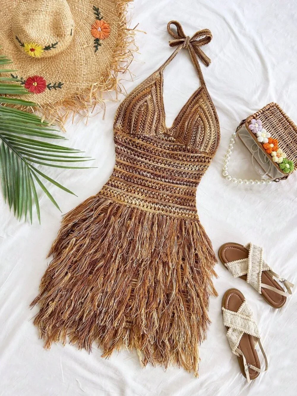 Multicolor Boho Women's V-Neck Halter Mini Dress - Picture 3 of 7